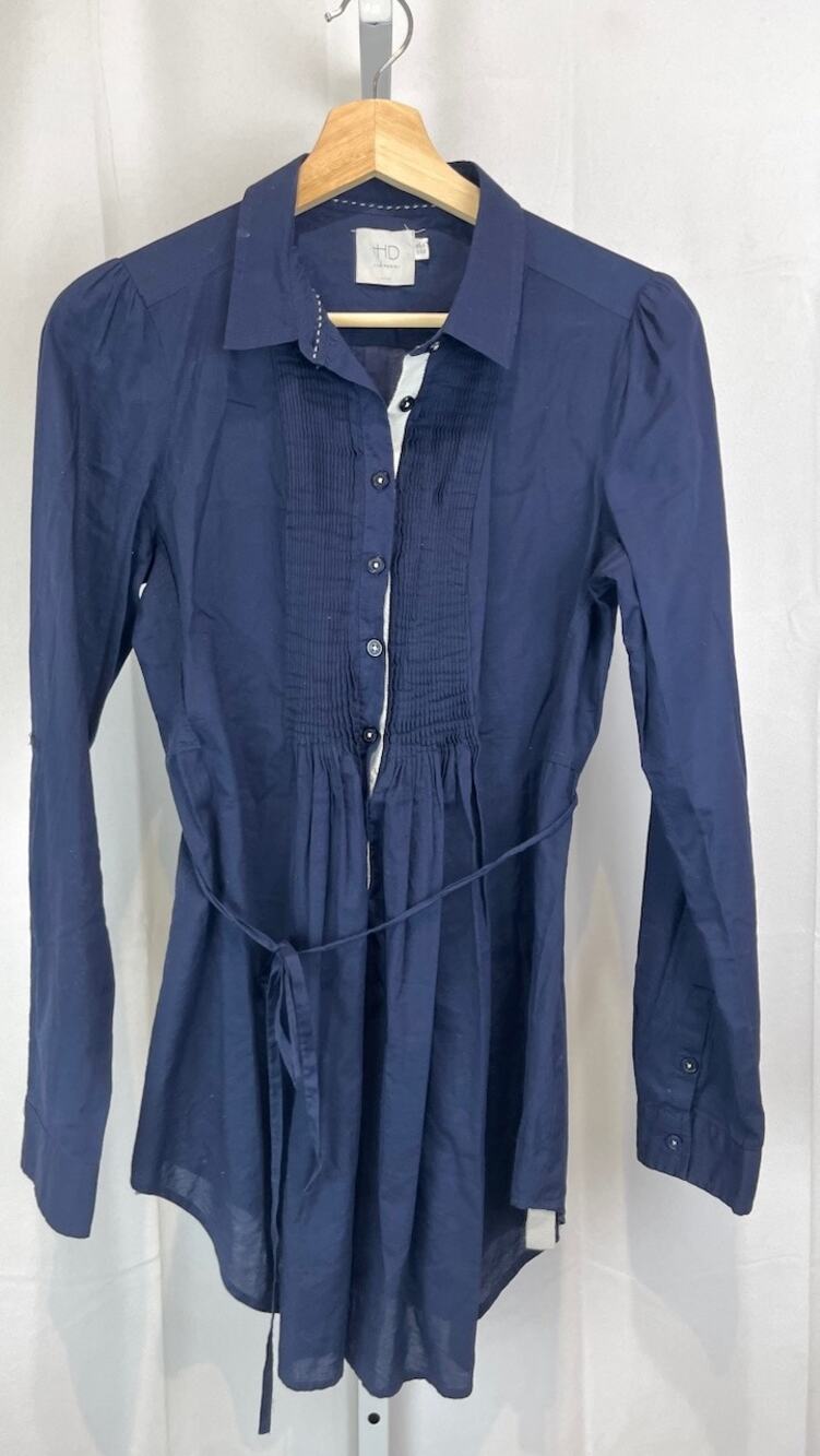 HD in PARIS Anthropologie Fan Folds Pintuck Pleat Tunic Top Long Sleeve Blue 4